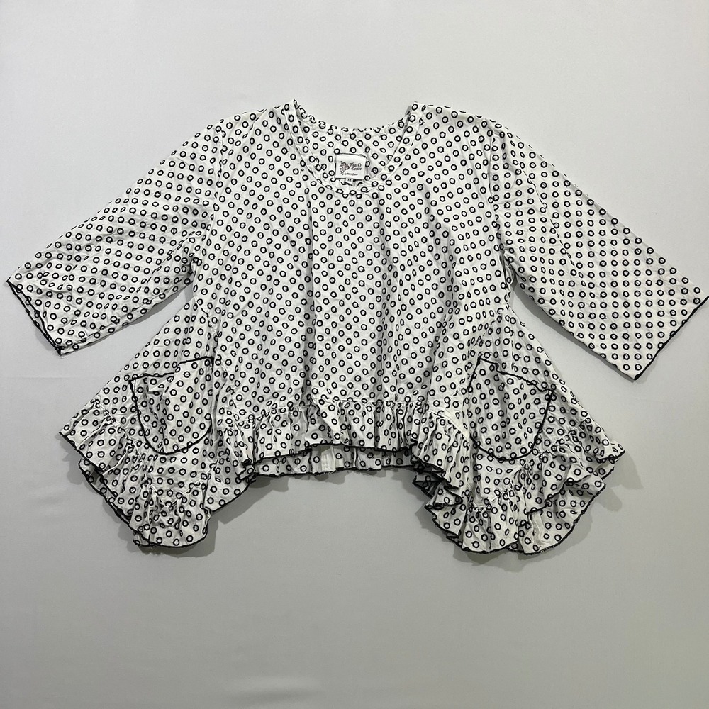 Heart's Desire Mary Grace Blouse Embroidered Ruffle Lagenlook White Black Size M